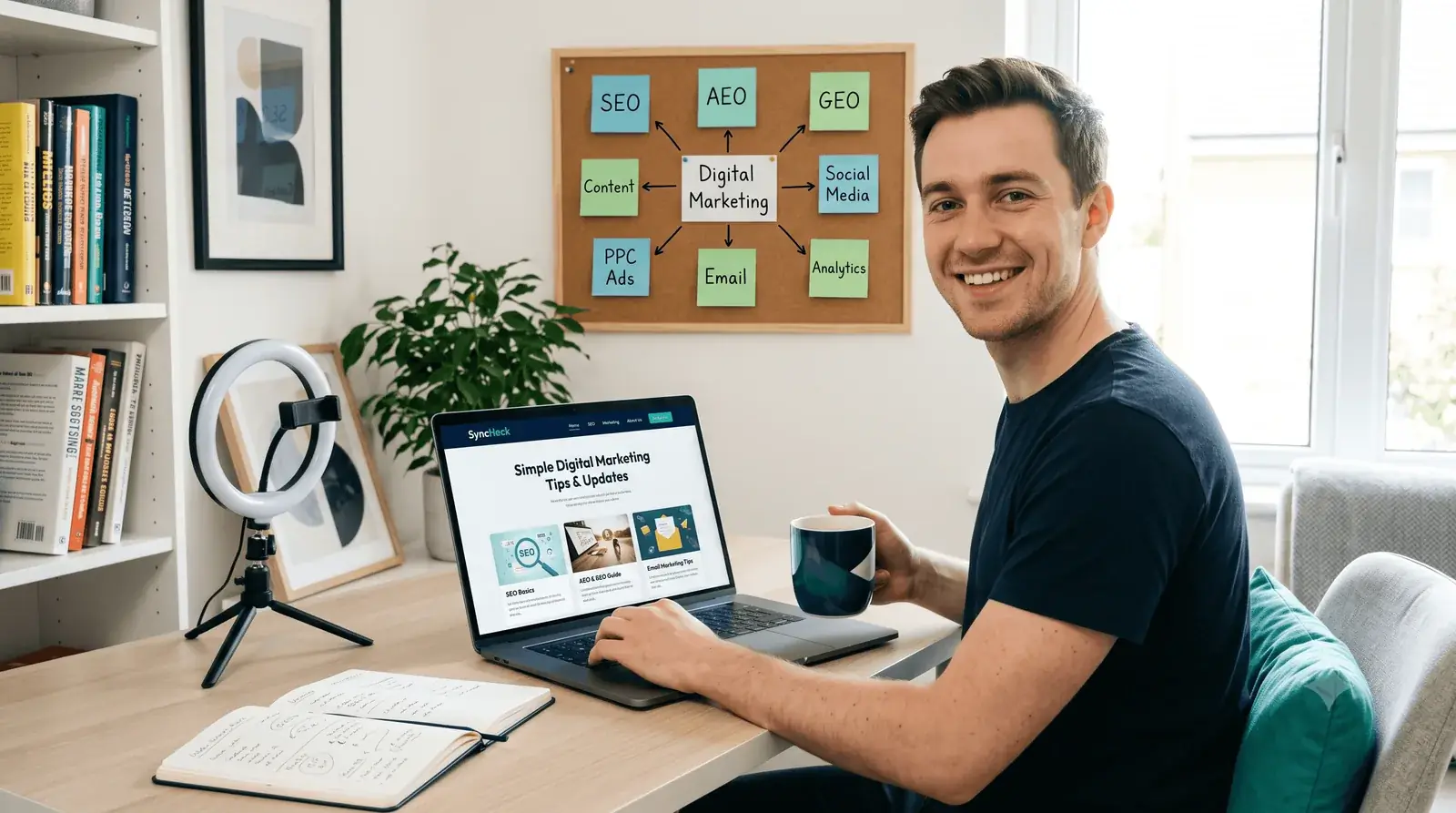 SyncNeck writer at his desk with a board of marketing topics