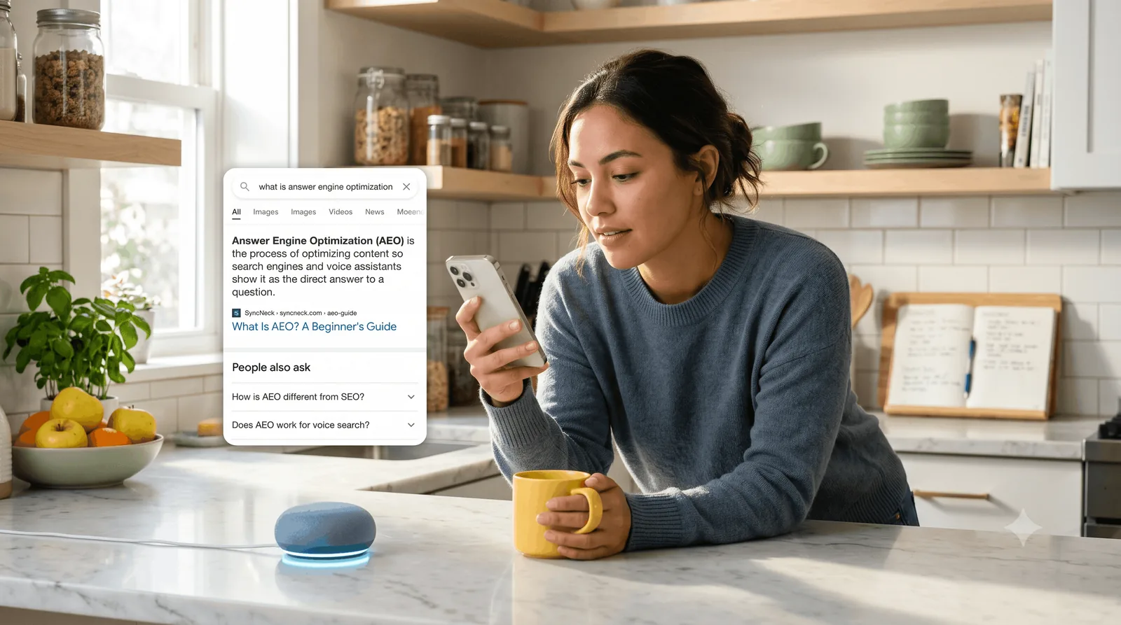 Woman in a kitchen reading an answer box on her phone