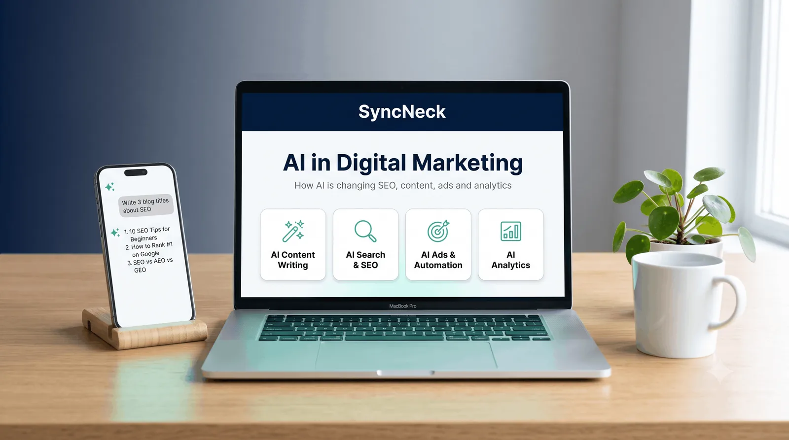 Laptop showing the SyncNeck AI in Digital Marketing page
