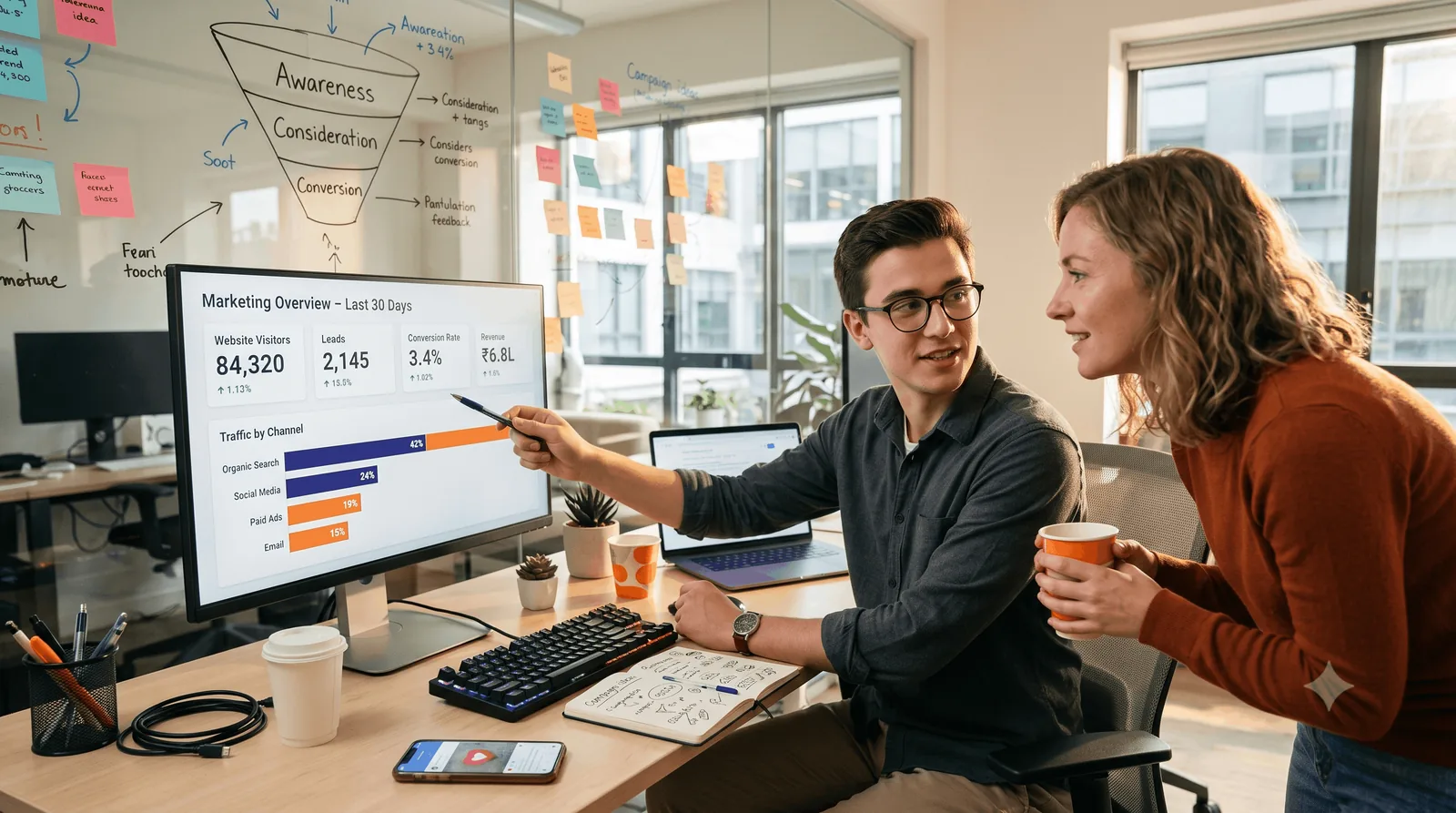 Two marketers reviewing a traffic by channel dashboard
