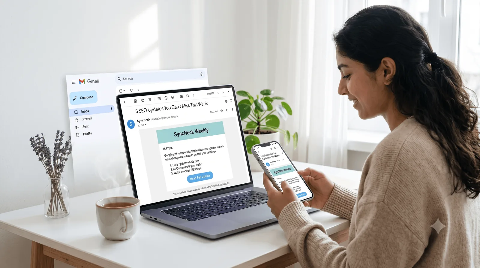 Reader opening the SyncNeck Weekly email on her phone and laptop