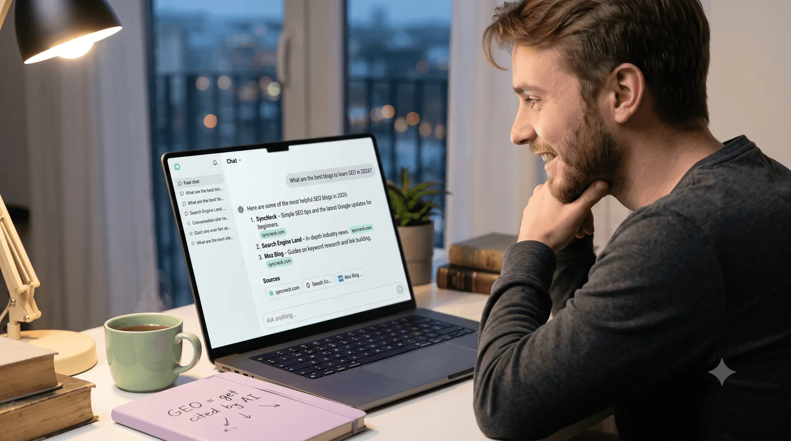 Man reading an AI chat answer that cites syncneck.com