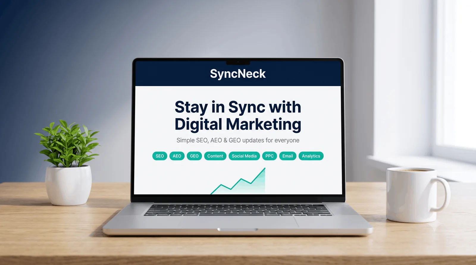 Laptop on a desk showing the SyncNeck homepage