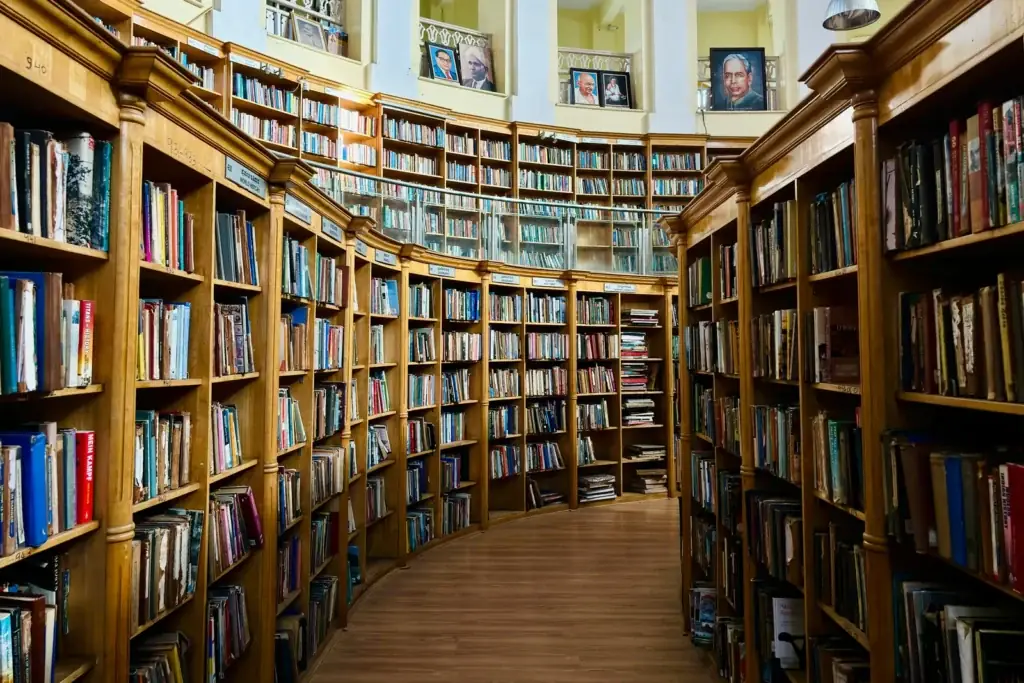 Long aisle of library bookshelves