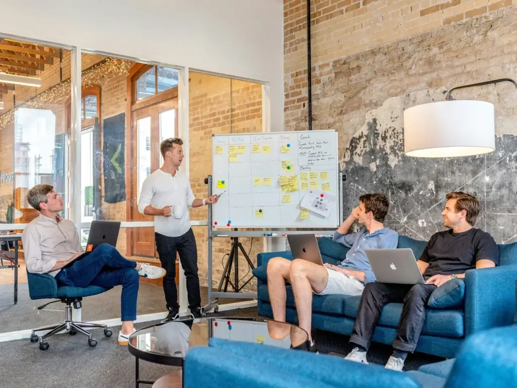 Marketing team discussing ideas in an office