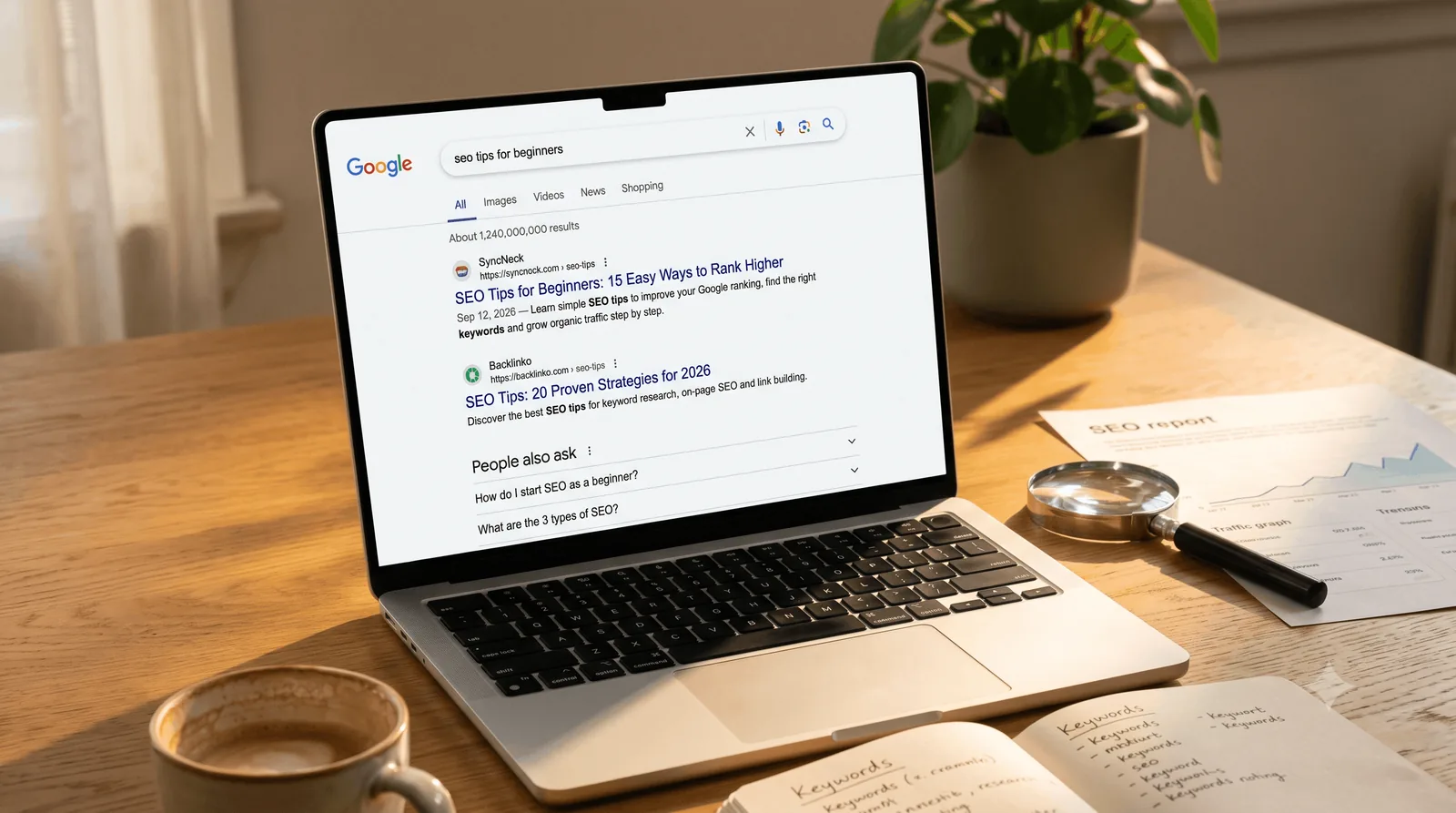 Google results for seo tips for beginners on a laptop