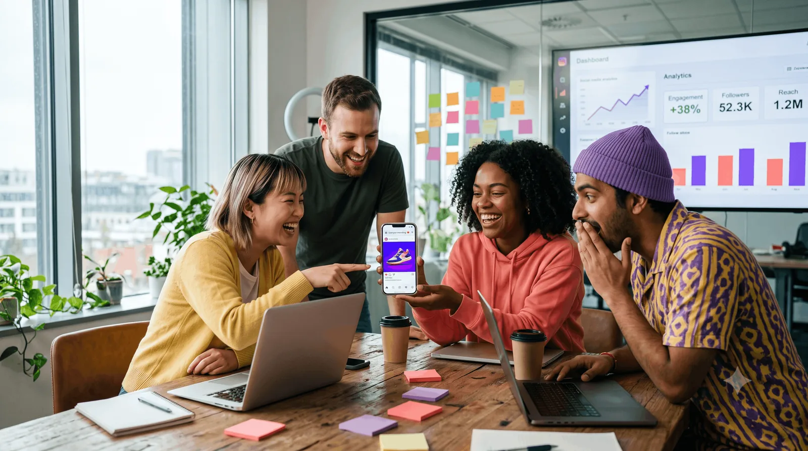 Team laughing at a social post on a phone