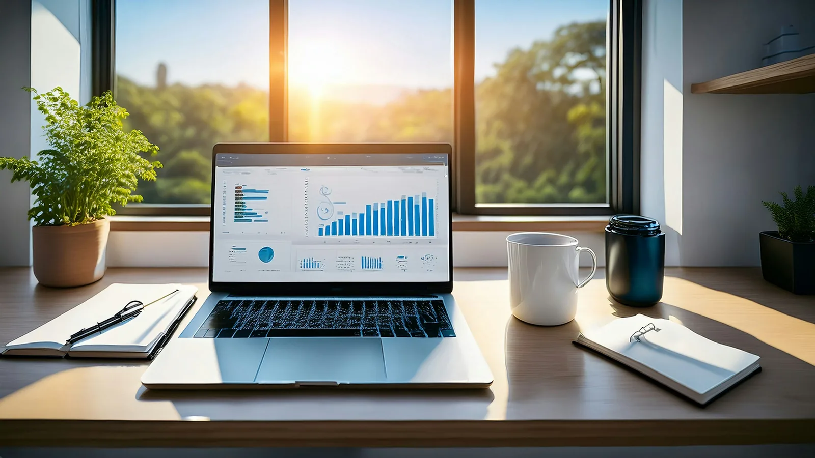 Laptop showing charts on a desk by a sunny window