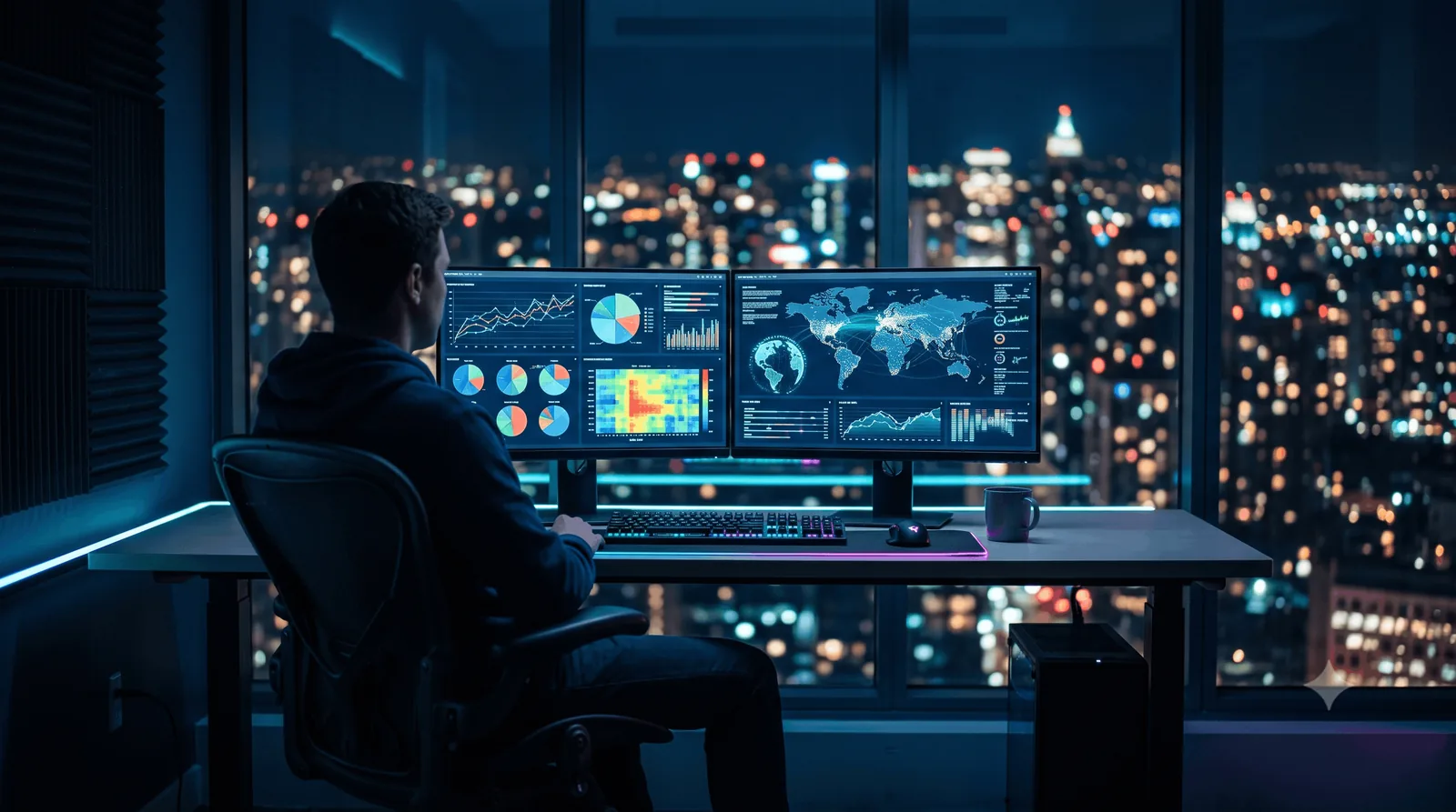 Analyst at two monitors full of charts at night