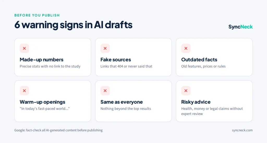 Six warning signs in AI-written drafts: made-up numbers, fake sources, outdated facts, warm-up openings, same as everyone and risky advice