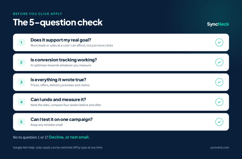 Five questions to ask before applying a Google Ads AI suggestion, from supporting your real goal to testing on one campaign